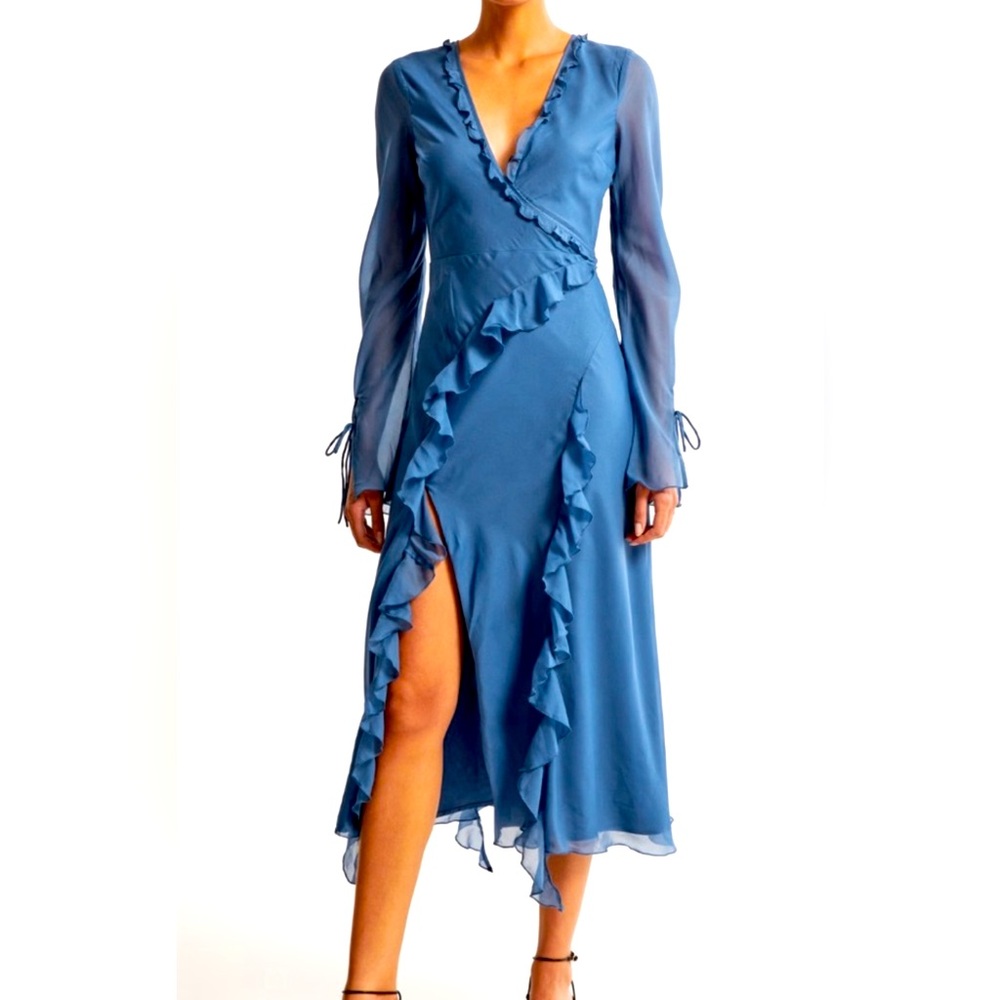 Abercrombie & Fitch Blue Ruffle Midi Plunge Dress - Size L - NWOT